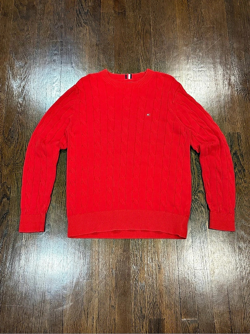 Tommy Hilfiger Cable Knit Crewneck Sweater in Red